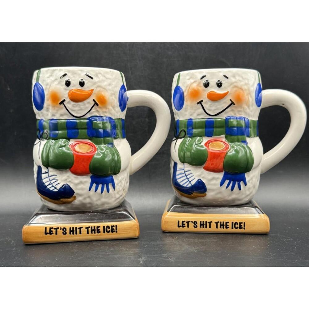 Lets Hit The Ice Snowmen Mugs, Vintage, Bay Island Inc, Christmas, Set of 2